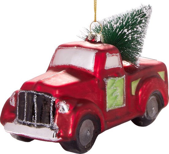 BRUBAKER Pick-Up Truck met Rode Kerstboom - Handbeschilderde Kerstballen van Glas - Handgeblazen Kerstboomversieringen Grappige Figuren Decoratie Hangers Boombal - 14,2 cm