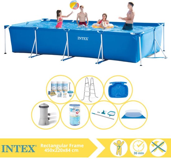 Intex Rectangular Frame Zwembad - Opzetzwembad - 450x220x84 cm - Inclusief Onderhoudspakket, Zwembadpomp, Filter, Grondzeil, Onderhoudsset, Trap en Voetenbad