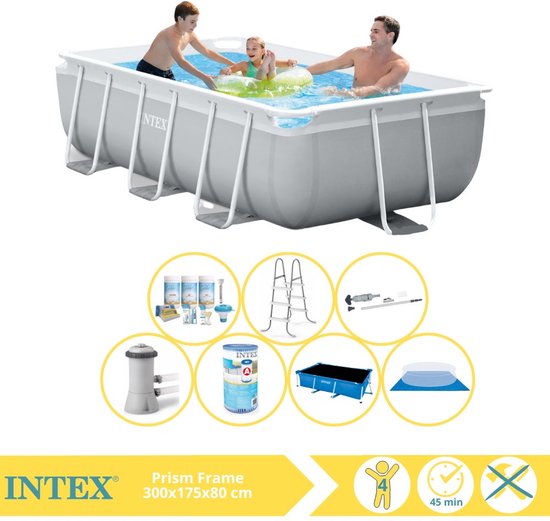 Intex Prism Frame Zwembad - Opzetzwembad - 300x175x80 cm - Inclusief Solarzeil Pro, Onderhoudspakket, Filter, Grondzeil en Stofzuiger