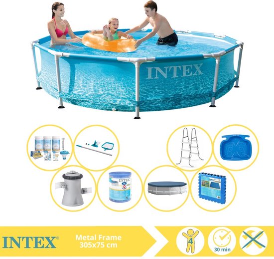 Intex Metal Frame Zwembad - Opzetzwembad - 305x76 cm - Inclusief Afdekzeil, Onderhoudspakket, Zwembadpomp, Filter, Onderhoudsset, Trap, Voetenbad en Zwembadtegels