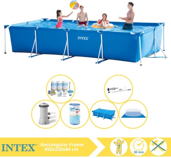 Intex Rectangular Frame Zwembad - Opzetzwembad - 450x220x84 cm - Inclusief Solarzeil, Onderhoudspakket, Zwembadpomp, Filter, Grondzeil en Stofzuiger