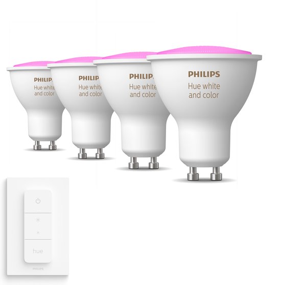 Philips Hue Uitbreidingspakket White and Color Ambiance GU10 - 4 Hue Lampen en Dimmer Switch - Wit en Gekleurd Licht - Dimbaar