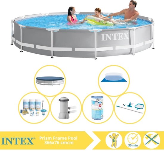Intex Prism Frame Zwembad - Opzetzwembad - 366x76 cm - Inclusief Afdekzeil, Onderhoudspakket, Zwembadpomp, Filter, Grondzeil en Onderhoudsset