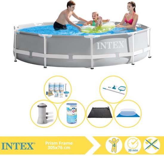 Intex Prism Frame Zwembad - Opzetzwembad - 305x76 cm - Inclusief Onderhoudspakket, Filter, Grondzeil, Onderhoudsset en Solar Mat