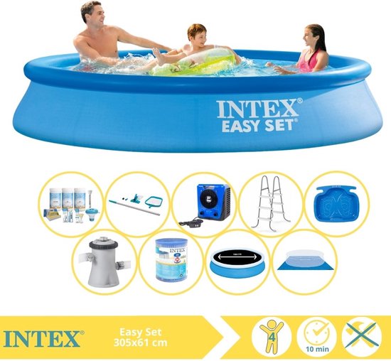 Intex Easy Set Zwembad - Opblaaszwembad - 305x61 cm - Inclusief Solarzeil Pro, Onderhoudspakket, Filter, Grondzeil, Onderhoudsset, Trap, Voetenbad en Warmtepomp HS