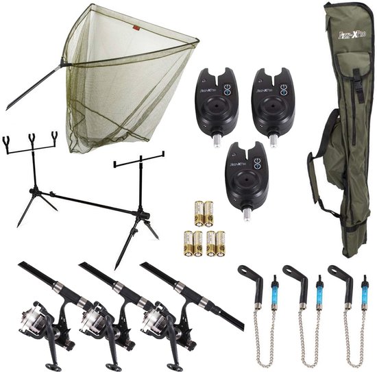 FISH XPRO - Karperset -Improve Deluxe - 3 Hengels compleet - Karpernet - Rodpod -Beetmelders