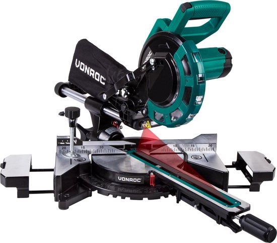 VONROC afkortzaag en verstekzaag met trekfunctie – 2000W – Ø216MM - LED verlichting op werkstuk – Laser voor perfecte zaaglijn – Extra zaagbreedte 340mm – Verstelbare tafelverbreders met lengtestop - Incl. zaagblad & werkstukklem