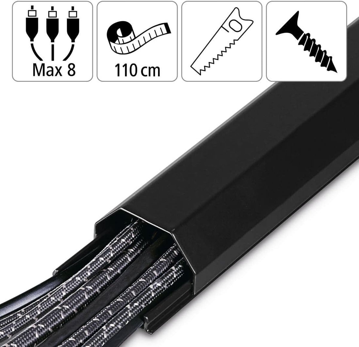 Stabiele kabelgoot van aluminium zwart (1,1 meter lengte, voor 8 kabels, robuuste vierkante metalen kabelafdekking, incl. schroeven en pluggen)