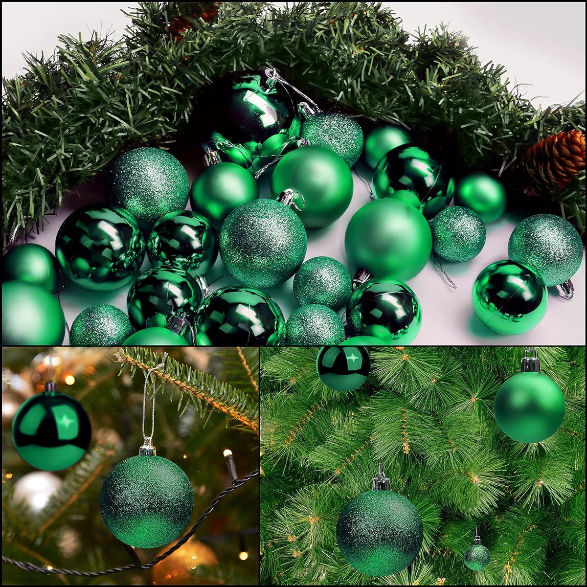 50 stuks groene kerstballen met ster - glanzende dennenbal in verschillende maten met 1 ster - kerstboomdecoratie voor kerstfeest, decoratie binnen en buiten