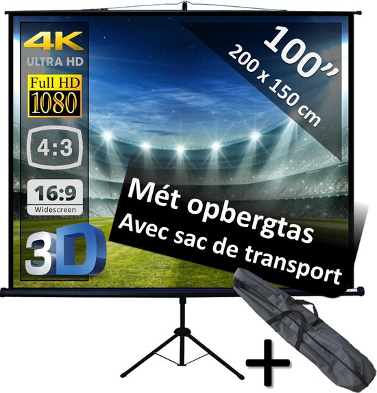 Statiefscherm 100" mét opbergtas - 200 x 150 cm - 4:3 - projectiescherm op statief / tripod scherm / beamer scherm