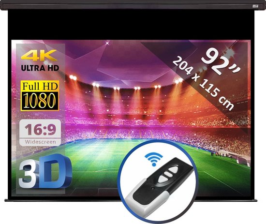 Elektrisch projectiescherm met afstandsbediening - 92" (234 cm) - 204 x 115 cm - 16:9 - beamer scherm - ZWARTE behuizing