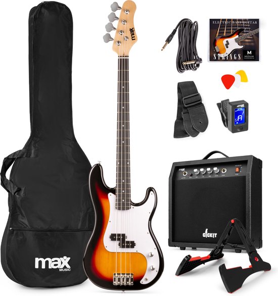 Max Gigkit Basgitaar met 40 Watt versterker - Gitaarstandaard - Gitaartas - Sunburst
