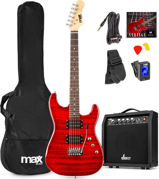 Max GigKit Superstrat Elektrische gitaar met 40 Watt versterker en accessoires - Donker Rood