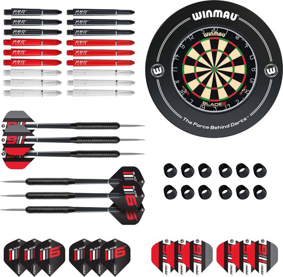 Winmau Blade 6 Starter Pack + Surround, starterSet, Winmau Surround Zwart, twee Sets Winmau Brass darts, Incl. Blade 6-design flights