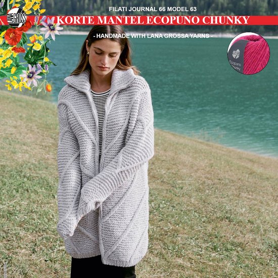 Breipakket mantel met Ecopuno Chunky-mt 36/40- model 63 van Lana Grossa Filati Journal nr. 66- pink