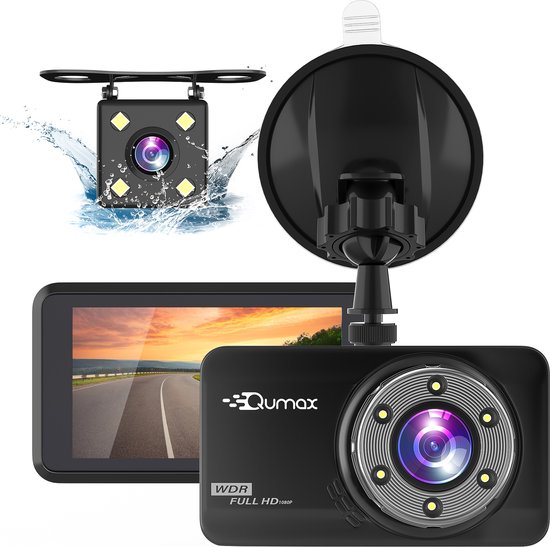 Qumax Dashcam voor auto – Voor en Achter Camera – Full HD – Parkeerstand met ingebouwde G-sensor – IPS-display - 170° Wijdhoeklens - Nachtvisie