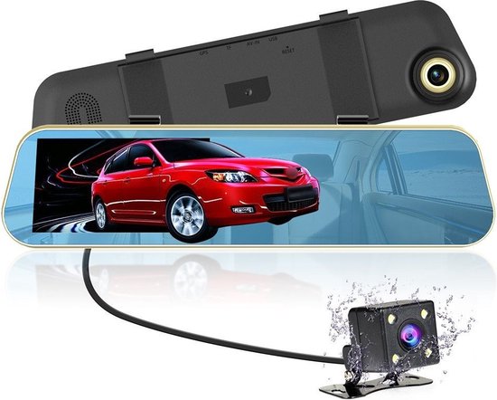 TechU™ Dashcam Voor en Achter Camera – M30 Zwart – Dashboardcamera – 4.3” Scherm & 12” Spiegel – G-sensor – Bewegingssensor – Loop recording – Nachtvisie – 150° Wijdhoeklens – Incl. Achteruitrijcamera - voor auto