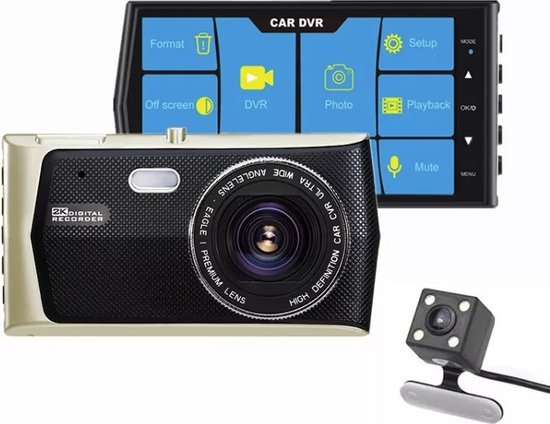 TechU™ Dashcam Voor en Achter Camera – M22 – Dashboardcamera – 4” Scherm – 170° Wijdhoeklens – G-sensor – Bewegingssensor – Parkeermodus – Loop recording – Nachtvisie – Incl. Achteruitrijcamera - voor auto
