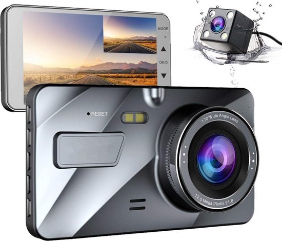 TechU™ Dashcam Voor en Achter Camera – M06 Pro – Dashboardcamera – 4” Scherm – Full HD 1080P – 170° Wijdhoeklens – Nachtvisie – Looprecording – Bewegingssensor – G-sensor – Parkeermonitor – Incl. Achteruitrijcamera - voor auto