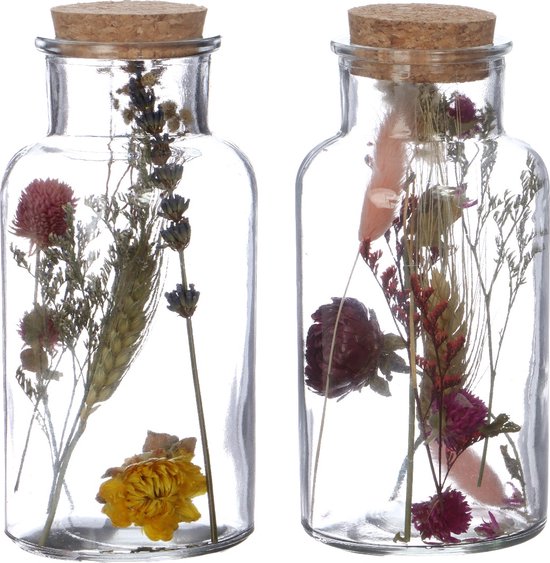 Glazen medicijnfles met 2 diverse droogbloemen Ø8cm - 12 st