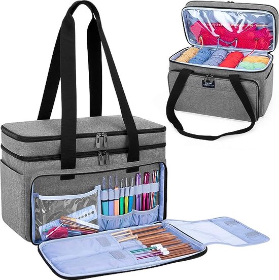 Dubbellaags Breitasje, Garenopbergtasje met vakjes voor haaknaalden, breinaalden (tot 14 inch), breiprojecten en accessoires, alleen tas, grijs