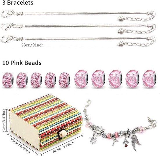 Set om zelf armbanden te maken, cadeau voor meisjes van 6-13 jaar, sieraden-knutselset voor kinderen, met 50 verschillende elementen, hangers, kralen in 3 maten, verzilverde ketting, 3 halskettingen en geschenkdoos (set 1)