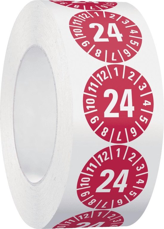 Keuringssticker met jaartal 24 op rol, rood 25 mm - 500 per rol
