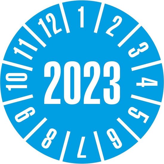 Keuringssticker met jaartal 2023 op rol, blauw 25 mm - 500 per rol