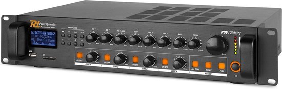 100V versterker - Power Dynamics PDV120MP3 4-zone versterker voor 100V (omroep) systemen met o.a Bluetooth, radio en mp3 speler