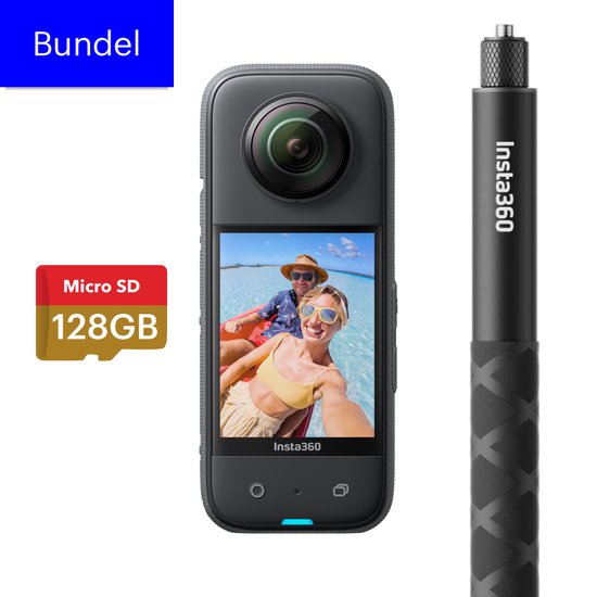 Insta360 X3 - Starter Bundel - met Invisible selfie stick 23-114 cm en 128GB SD kaart - Panorama Actioncam - Waterproof