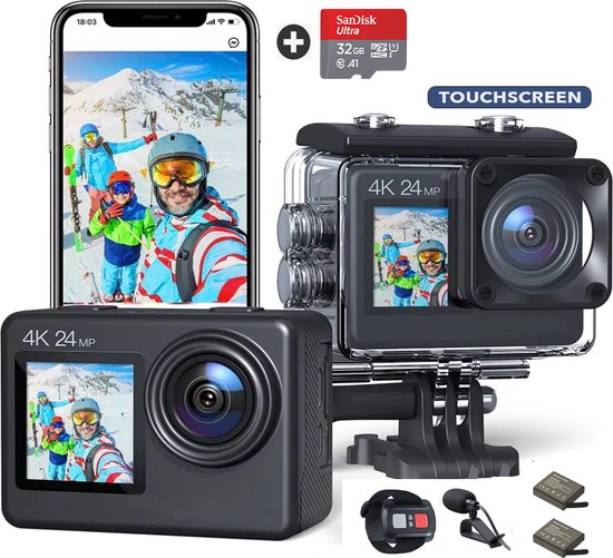 JC's - Action Camera 4K - Vlog camera- Touchscreen - Dual screen - 32GB SD kaart - Afstandbediening - Externe microfoon - EIS Stabilisatie - Dual batterijlader - Action Camera's