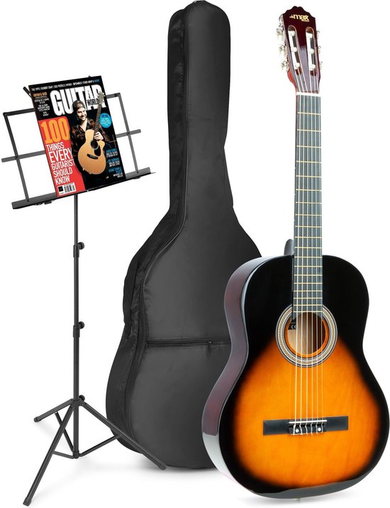 Akoestische gitaar voor beginners - MAX SoloArt klassieke gitaar / Spaanse gitaar met o.a. 39'' gitaar, muziekstandaard, gitaartas, gitaar stemapparaat en extra accessoires - Sunburst
