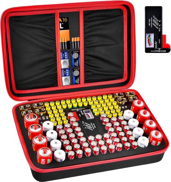 Batterij-opbergdoos, batterijbox, batterij-opberg-organizer-tas met batterijtester, batterij-opbergdozen, organisatie voor AA, AAA, 9 V, CD, lithium, 3 V, LR44, CR2032