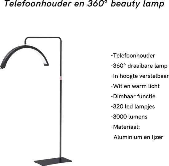 Beauty Lamp - 360° verstelbaar - TELEFOONHOUDER voor foto en video - led lamp nagels - lashes - massage - manicure - salon - gellak - nagels - make up - wenkbrauw - loeplamp