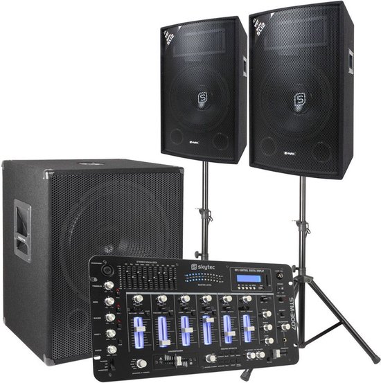 Skytec 2.1 complete DJ live set 1600 Watt met mixer en kabels