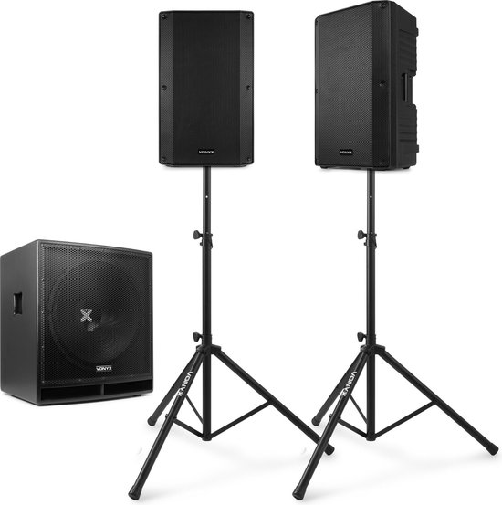 Geluidsinstallatie - Vonyx 2.1 geluidsset - 15'' subwoofer, 12'' tops en setje statieven - 2400W