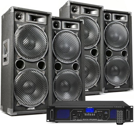 DJ geluidsinstallatie met Bluetooth - 4x MAX212 DJ luidsprekers + Bluetooth versterker combinatie - 5600W