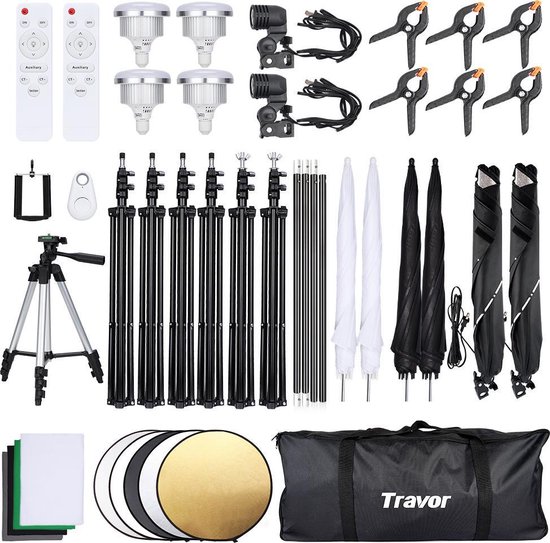 Travor luxe fotostudio lampenset – achtergrond en paraplu set – 2x softbox – 4x paraplu – 4 verschillende kleuren doek – bluetooth - inclusief lampen