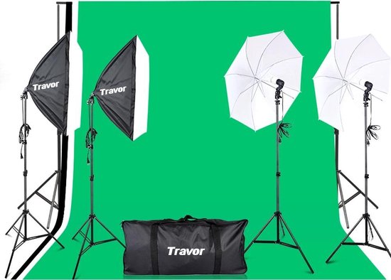 Travor fotostudio lampenset – greenscreen en paraplu set – 2x softbox – 2x paraplu – 3 verschillende kleuren doek – inclusief lampen