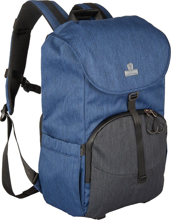 Roundtop cameratas, Rugzak Blauw met camerariem/sling, regenhoes, 16" Laptopvak