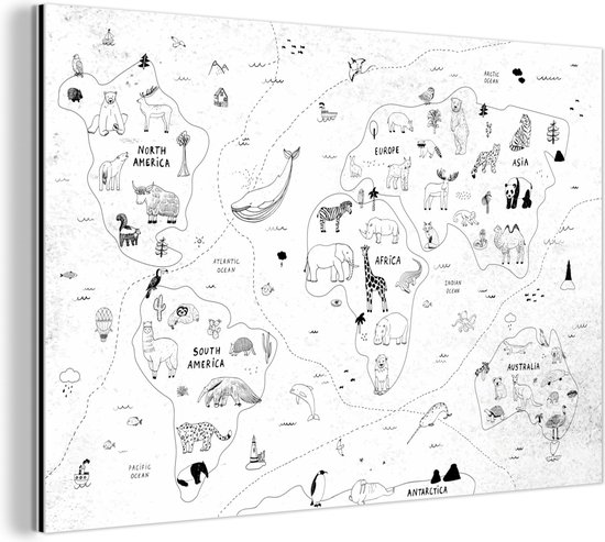 Wanddecoratie Metaal - Aluminium Schilderij Industrieel - Wereldkaart - Kinderen - Wit - Zwart - 120x80 cm - Dibond - Foto op aluminium - Industriële muurdecoratie - Voor de woonkamer/slaapkamer