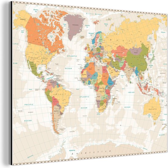 Wanddecoratie Metaal - Aluminium Schilderij Industrieel - Wereldkaart - Retro - Kleuren - Educatief - Staatkundig - 160x120 cm - Dibond - Foto op aluminium - Industriële muurdecoratie - Voor de woonkamer/slaapkamer