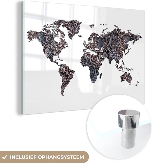 MuchoWow® Glasschilderij - Wereldkaart - Zwart - Mandela - Kind - Jongen - Meid - 180x120 cm - Acrylglas Schilderijen - Foto op Glas