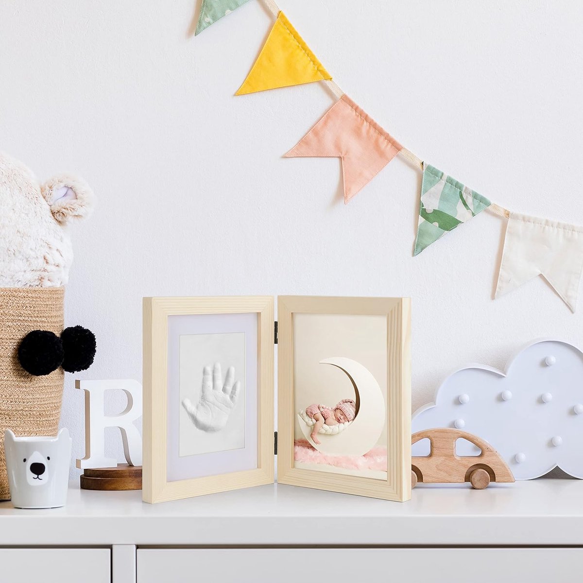 Baby Voetafdruk en Handafdruk Houten Fotolijst Kit (12,7 x 17,8 cm Foto) met Deegroller - Kamerdecoratie, Cadeau, Souvenir, Aandenken - Gemakkelijk te Gebruiken