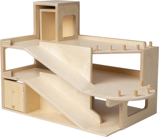 Van Dijk Toys houten speelgoed garage 2 verdiepingen en lift - Naturel (Kinderopvang kwaliteit)