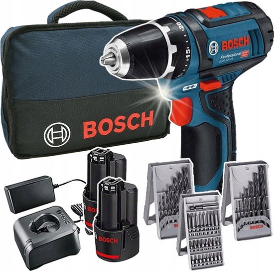 Bosch Professional Accu schroefboormachine GSR 12V-15 (2x 2,0Ah + lader AL 1115 CV + 39 accessoires + toolbag)