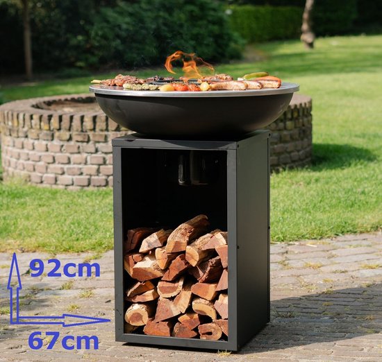 RJRoyal Living Plancha grill BBQ Amigo grillring met hoes en houtopslag vuurschaal rvs buitenkeuken grillring voor buiten 67x67x92cm