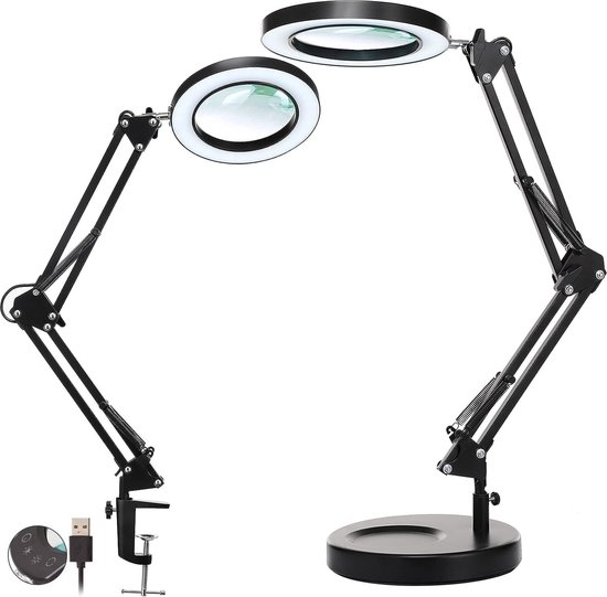 Lampen District® - Loeplamp met led verlichting - 5x vergrootglas met klem en voet - 5 kleurmodus met touch - verlicht vergrootglas voor lezen, knutselen en hobby