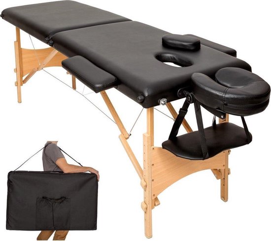 Dreamble - Massagetafel - Zwart - Hout - Inklapbaar - Mobiel - 2 zones - In hoogte verstelbaar - Dikte bekleding 5 cm - Gezichtsuitsparing - Armsteunen in breedte instelbaar - Afwasbaar - Belastbaar tot 250 kg - Incl. draagtas