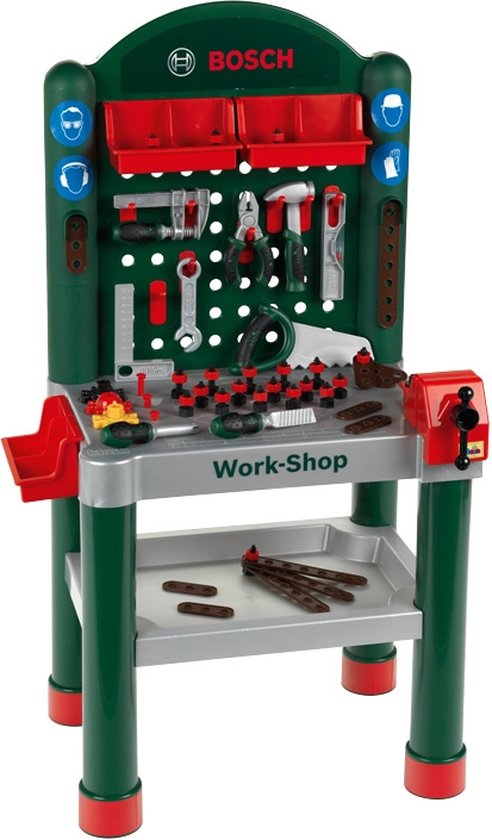 Klein Toys Bosch multifunctionele werkbank – met 79 accessoires – werkblad met leerfunctie – donkergroen